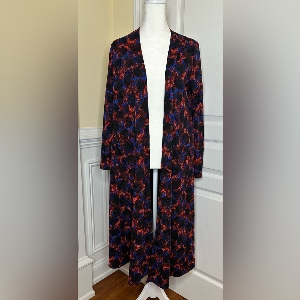 LuLaRoe Sarah Cardigan Womens Small Black Red Blue Swirl Longline Duster Pockets